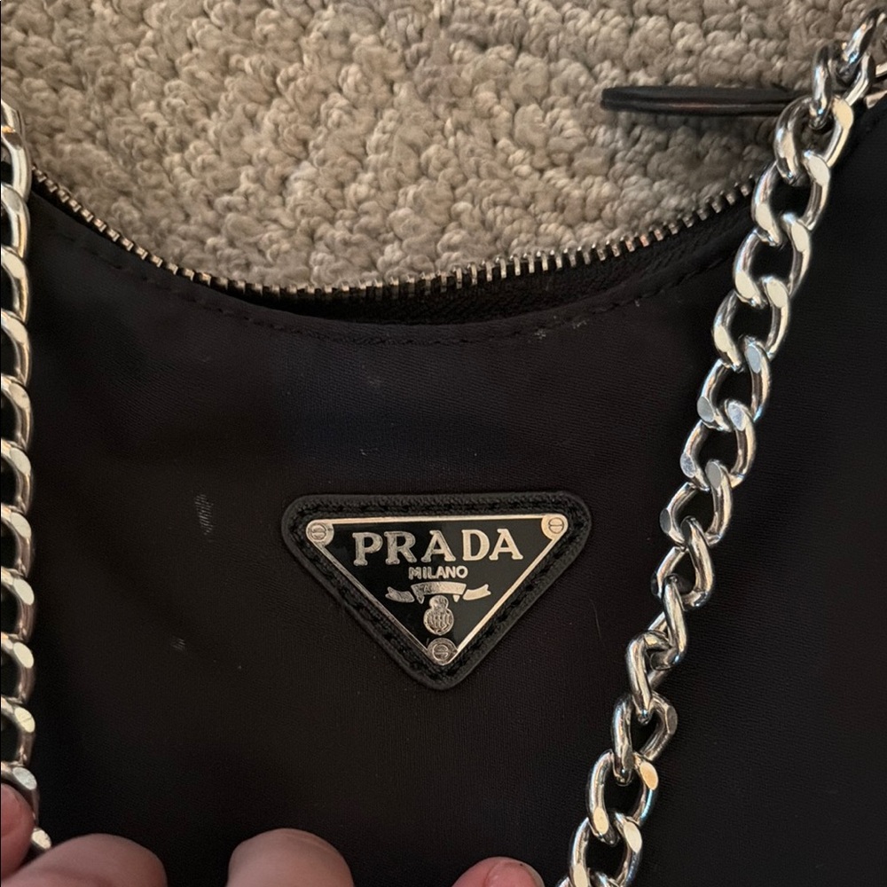 Prada Black Nylon Shoulder Bag with Chain and Detachable Strap - Picture 3 of 8